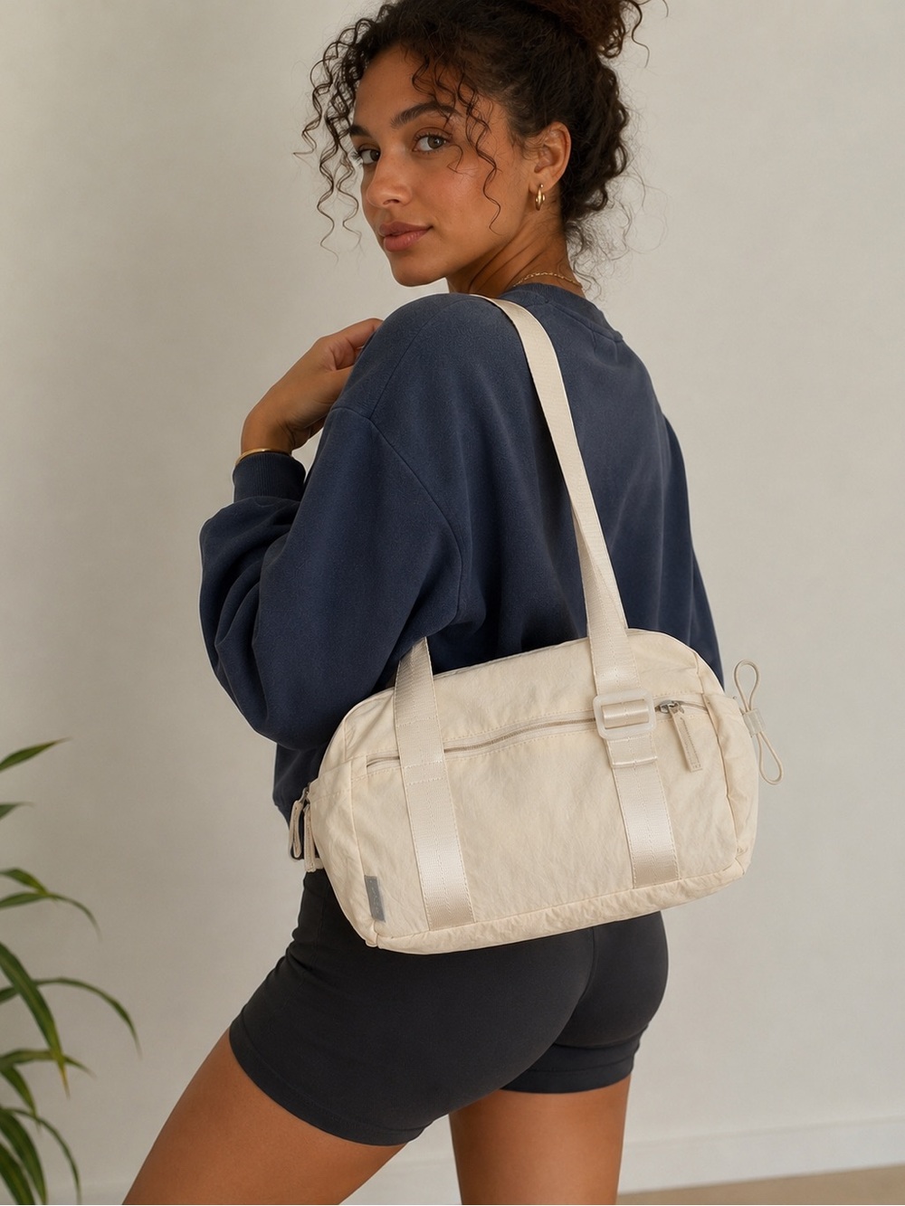 SKYSPER Mini Gym Bag | Cream Lightweight Nylon Athleisure Shoulder Bag